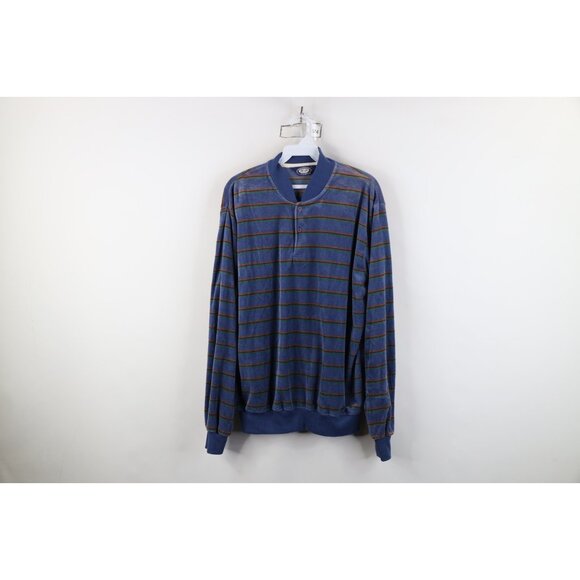 Vintage 70s Streetwear Mens Size Large Striped Velour Pullover Henley Sweater - Picture 1 of 13